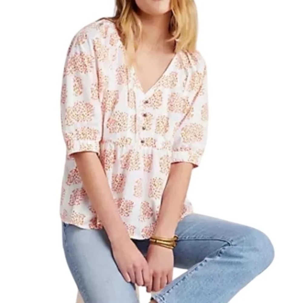Anthropologie Moglea Danae White & Orange Puff Sleeve Babydoll Poplin Blouse - M